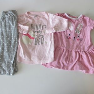 Bundle of 3 Girl's Toddler Easter Bunny Dress & Pajama Set Size 18 months GUC